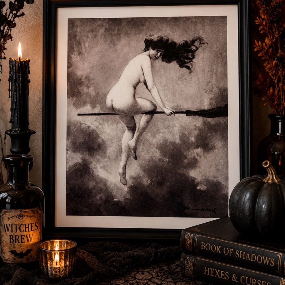 Vintage-Style Black & White Witch Illustration Art Print